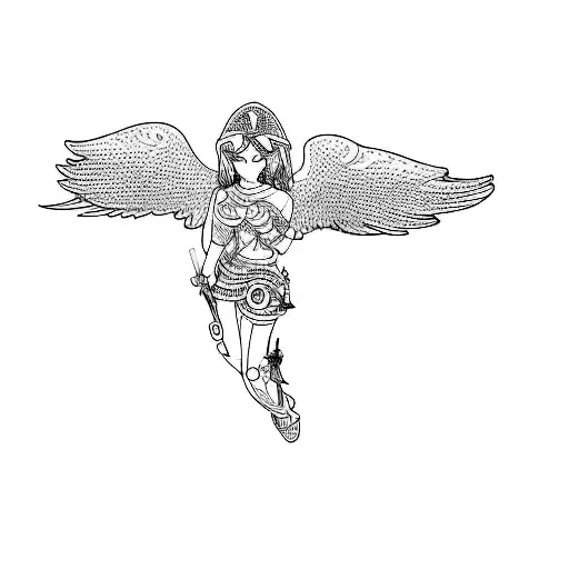 um anjo armado com um arma com corpo jovem e definido rosto bem angelical e cabelos cacheados, SEM ARMADURA tattoo design idea