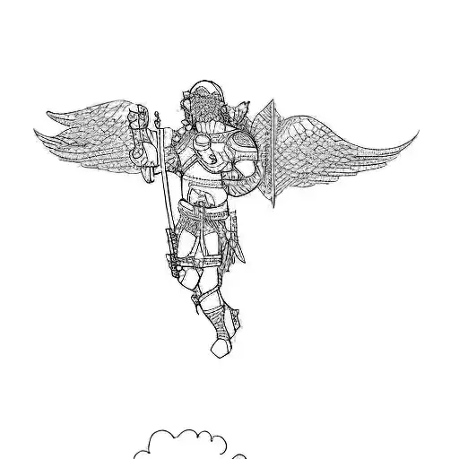 um anjo armado com um arma com corpo jovem e definido tattoo design idea
