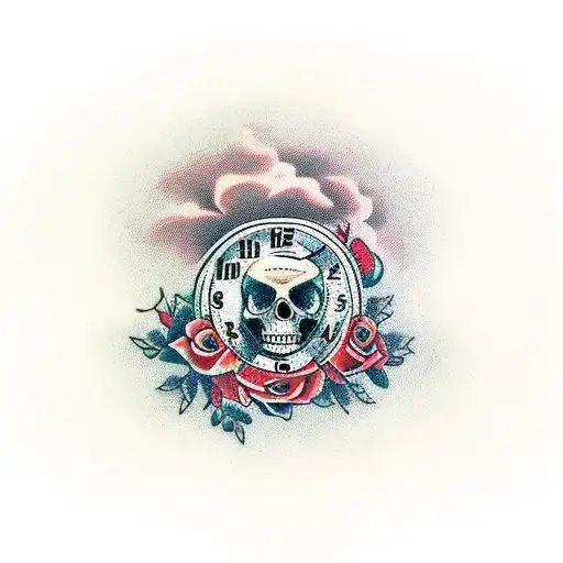 Clock and Roses and Skulls tattoo design idea