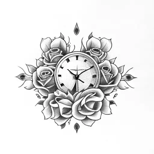 Clock and Roses and Skulls tattoo design idea