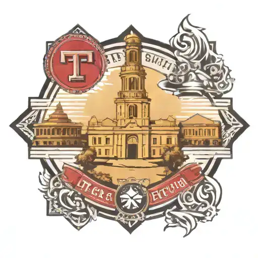 Texas Tech university seal front with Jones at&t stadium south endzone pre 2023 and texas tech bell tower in back tattoo design idea