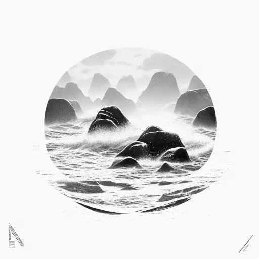 ocean waves breaking on rocks tattoo design idea