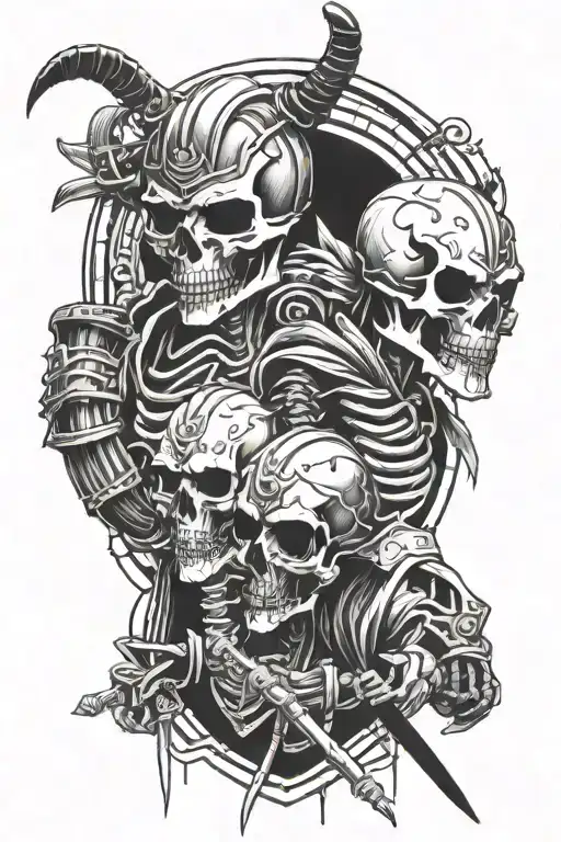cyberpunk samurai skeleton vs viking skeleton tattoo design idea