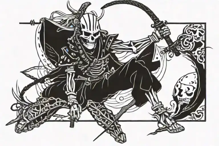 samurai skeleton cyberpunk in japanese style realism and graphics tattoo design idea