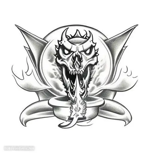 dragon twisted around a sword that's in a skull with a flame background tattoo design idea