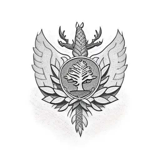 family crest in front of pine tree forrest  tattoo design idea