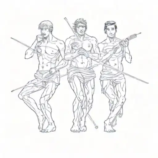 three male nudists posing with lasers tattoo design idea