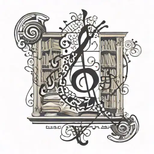 A symphony of musical notes forming a treble clef intertwined with a silhouette of a student studying in a library tattoo design idea