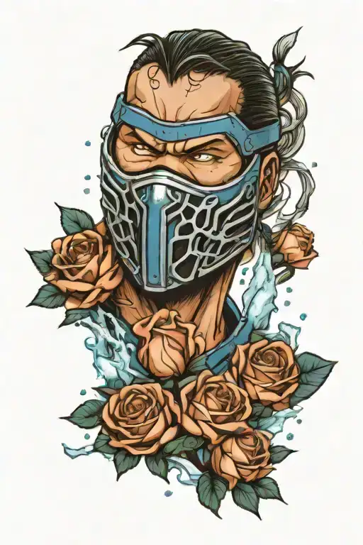 Sub-Zero from mortal Kombat surrounded by ice roses tattoo design idea