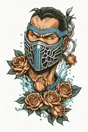 Sub-Zero from mortal Kombat surrounded by ice roses tattoo design idea