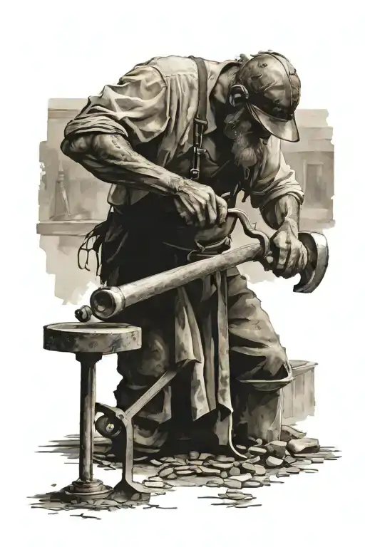 14th century old blacksmith working hard alone with hammer tattoo design idea