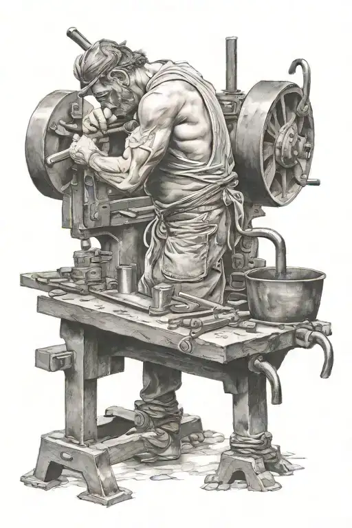 mezopotamian blacksmith working hard alone tattoo design idea