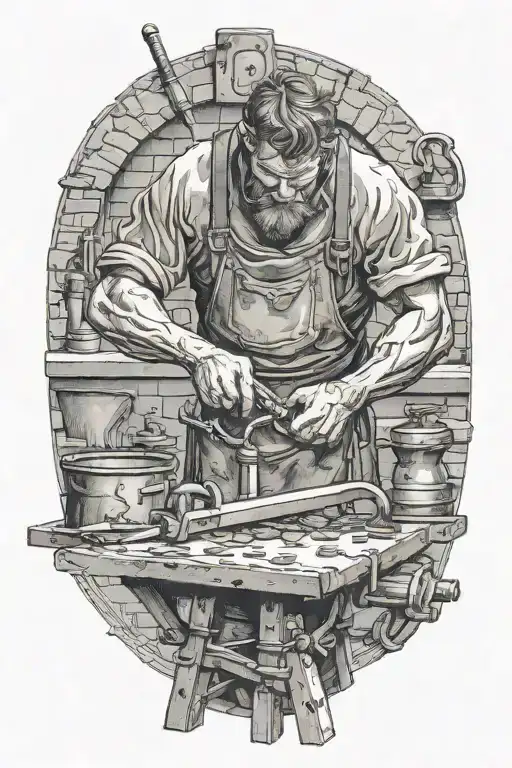 14th century blacksmith working hard alone tattoo design idea