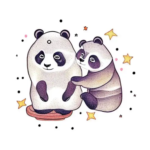 a cute panda and bear stargazing while sitting on moon tattoo design idea