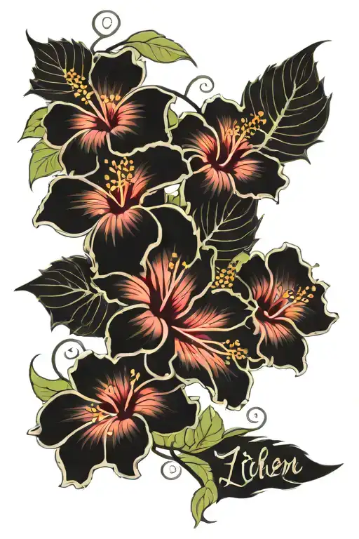 Multiple hibiscus flowers blooming with vines and petals softly unfolding. The words "Let them" are curved in tattoo design idea