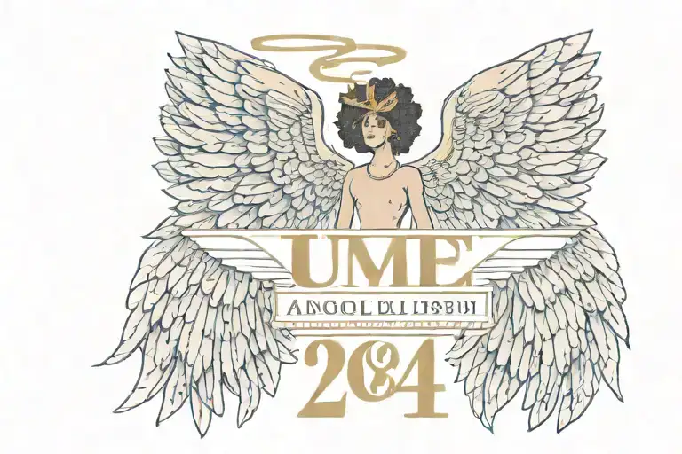 Terrell inside of angel wings with the date June 20th 2024 in Roman numerals  tattoo design idea