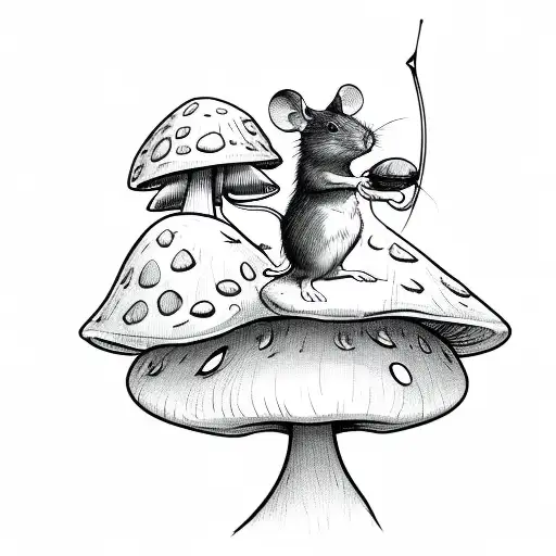 mouse with bow and arrow, sitting on a mushroom tattoo design idea