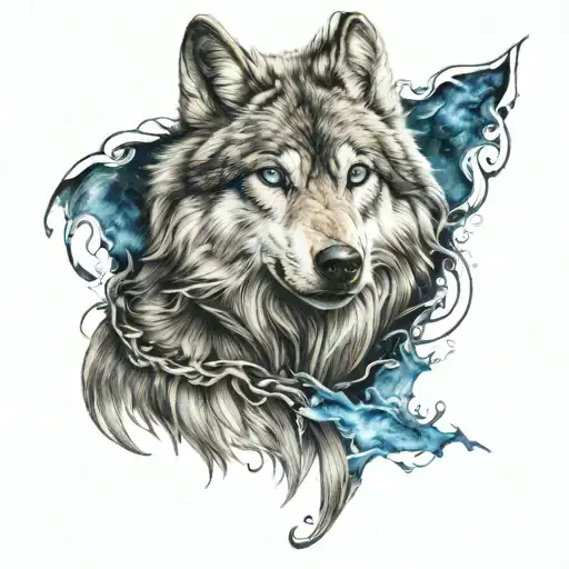 wolf with blue eyes like fire tattoo design idea
