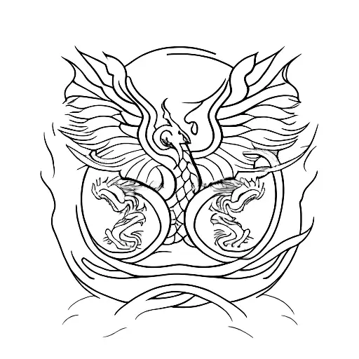 A minimalist tattoo design featuring a dragon and a phoenix intertwined, symbolizing strength and rebirth tattoo design idea