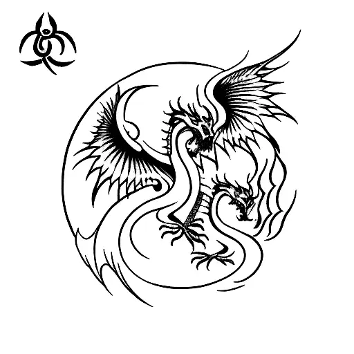 A minimalist tattoo design featuring a dragon and a phoenix intertwined, symbolizing strength and rebirth tattoo design idea