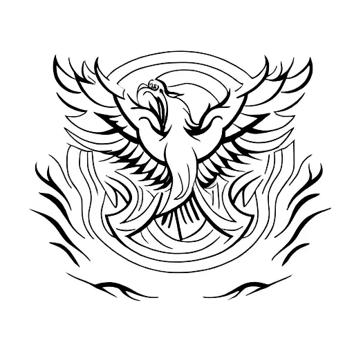 A minimalist tattoo design of a majestic phoenix rising from the ashes, symbolizing resilience and transformation tattoo design idea