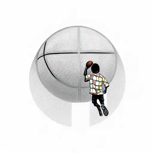 a boy holding his basketball looking at a basketball rim tattoo design idea