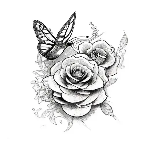 Make me a tattoo with 1 dove, 1 butterfly, 1 hummingbird, 1 ladybug, roses, hydrangea flowers, diamonds tattoo design idea