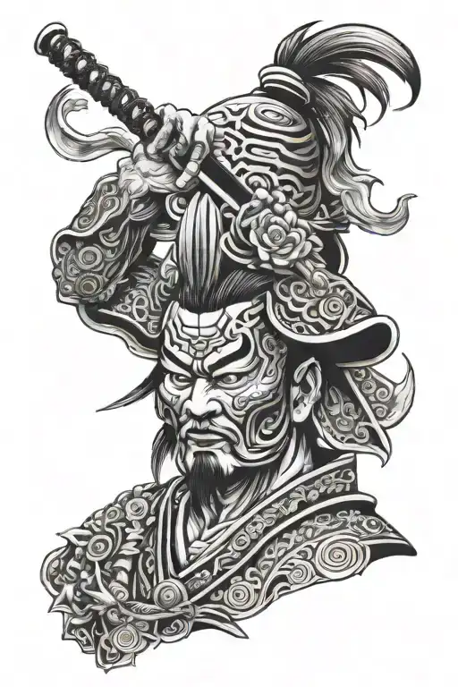 bust heavy armored evil samurai with sword in hands blade near face tattoo design idea