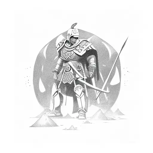 warrior after battle with phoenix in background tattoo design idea