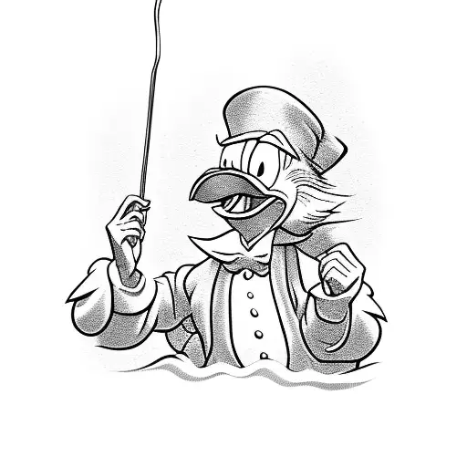Scrooge McDuck holds a cane in his hands, and against the background of gold tattoo design idea