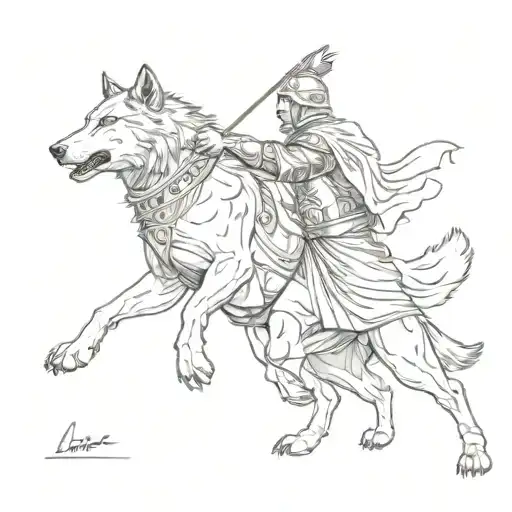 A Roman warrior battling a wolf in an epic tattoo scene tattoo design idea