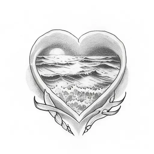 A heart-shaped tattoo with the word 'family' written inside, surrounded by waves tattoo design idea