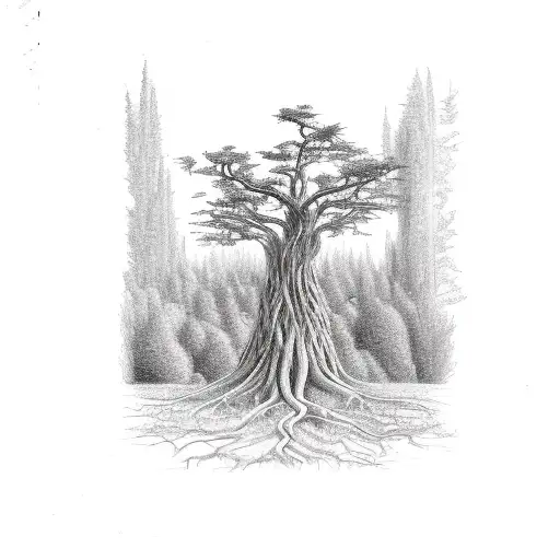 A detailed sketch of a tree with roots that form various agricultural tools tattoo design idea