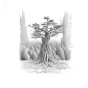 A detailed sketch of a tree with roots that form various agricultural tools tattoo design idea