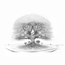 A detailed sketch of a tree with roots that form various agricultural tools tattoo design idea