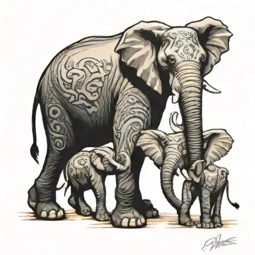 1 big elephant that fades away and 2 small ones looking at it like mufasa in the lion king  tattoo design idea
