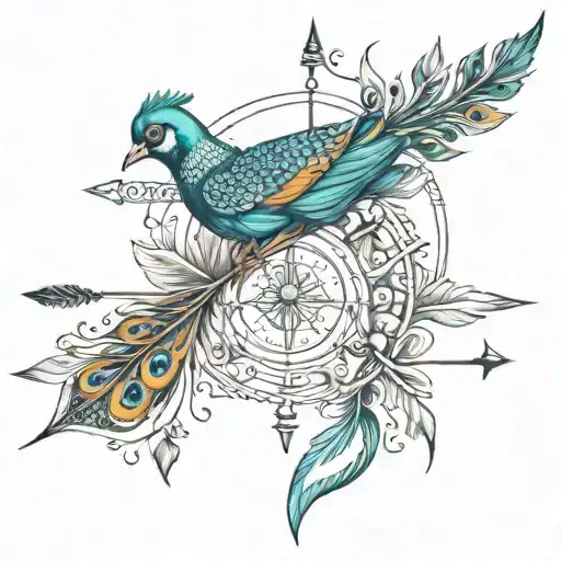 arrow and bow with peacock feather intertwined tattoo design idea