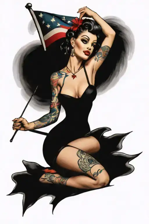 pin up girl with American flag as dress standing tattoo design idea