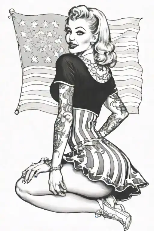 pin up girl with American flag as dress standing tattoo design idea