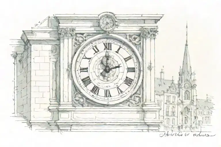 scroll, clock tower tattoo design idea