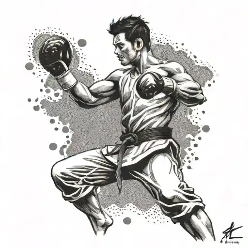 A dotwork tattoo of a taekwondo fighter in a powerful stance, with detailed shading to show strength and determination tattoo design idea