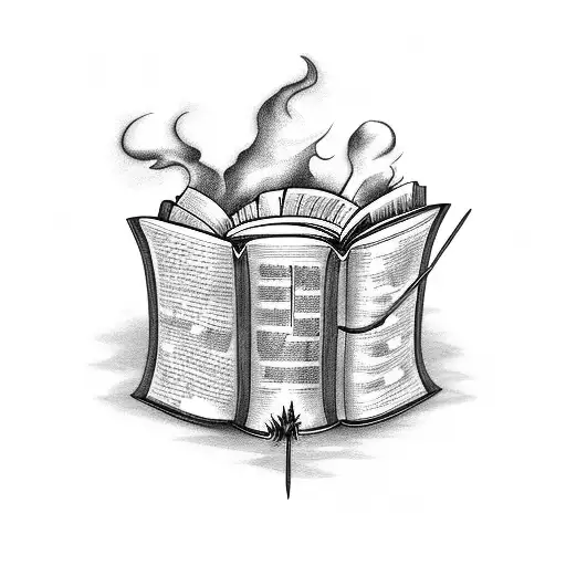 bonfire with smoke creating figures of books, music and movies tattoo design idea