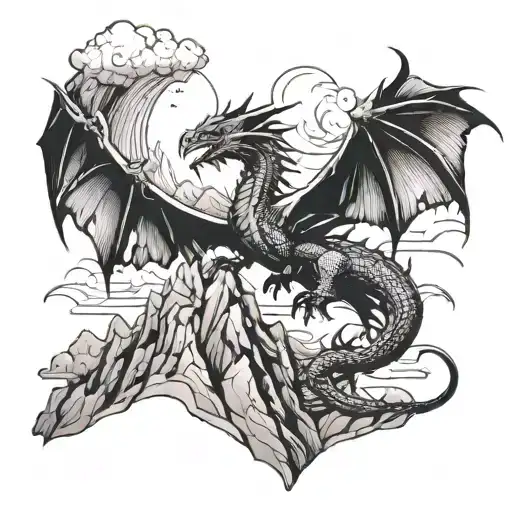 A dragon soaring over a mountain range, symbolizing the spirit of adventure tattoo design idea