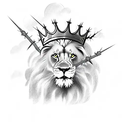 lion with crown of thorns sitting on clouds clock tattoo design idea