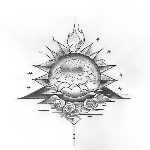 sky with clouds sun fire rain tattoo design idea