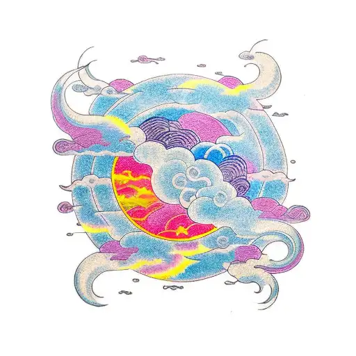 sky with clouds sun fire rain tattoo design idea