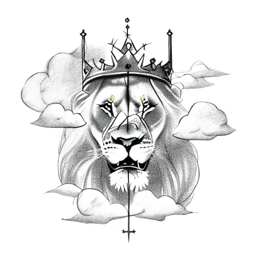 lion with crown of thorns sitting on clouds tattoo design idea