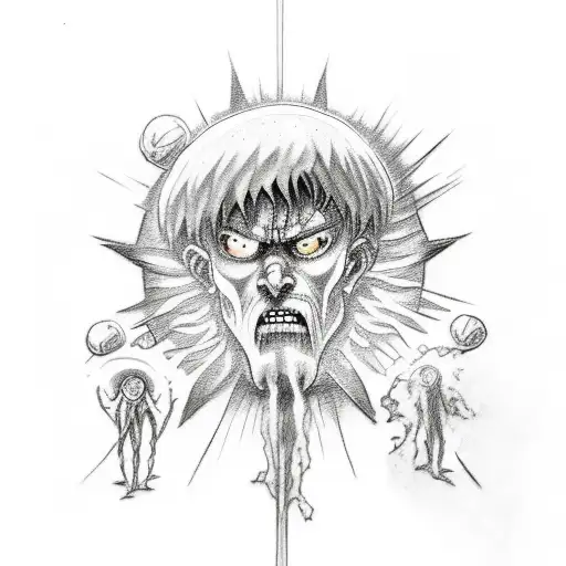 A sketch-style tattoo of the Creation of Adam with Attack on Titan characters replacing the figures tattoo design idea