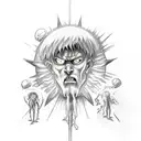 A sketch-style tattoo of the Creation of Adam with Attack on Titan characters replacing the figures tattoo design idea