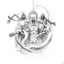 A sketch-style tattoo of the Creation of Adam with Attack on Titan characters replacing the figures tattoo design idea